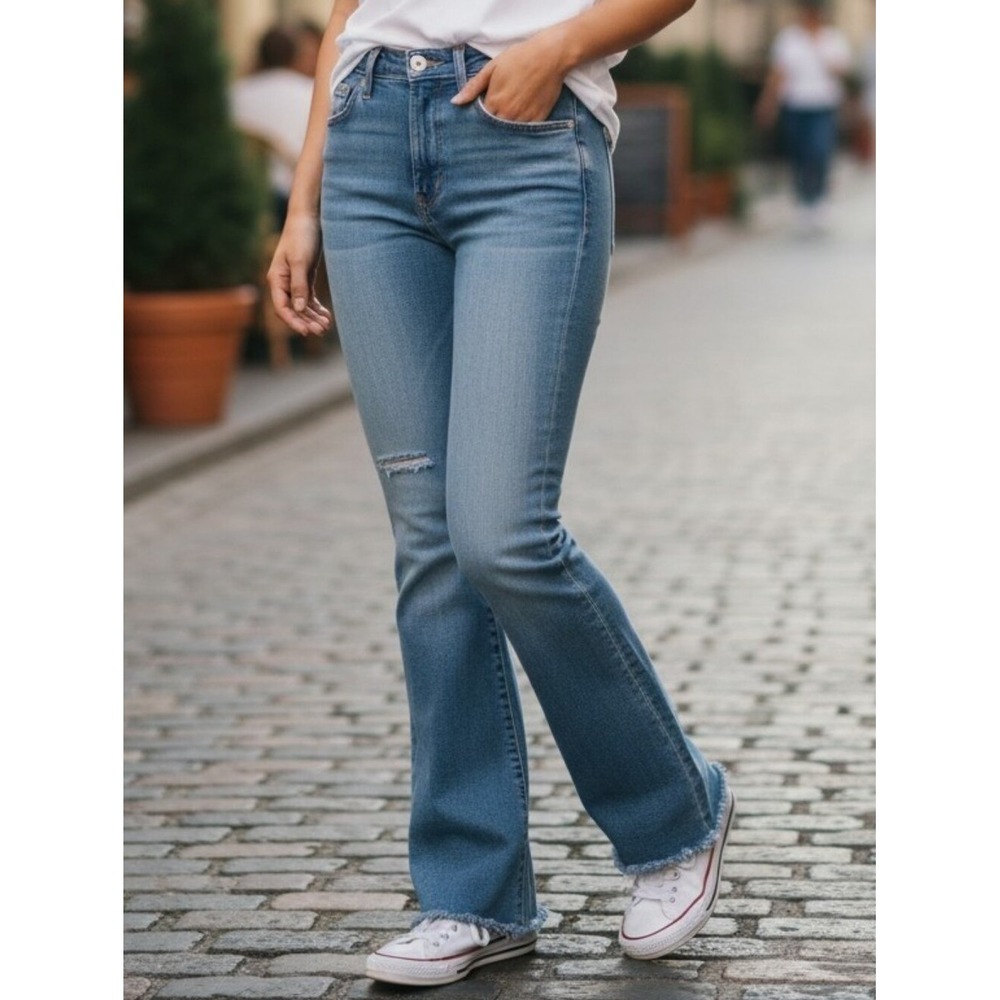 Just Black Denim High Rise Flare Jeans Medium Wash Raw Hem BP370J Size 26